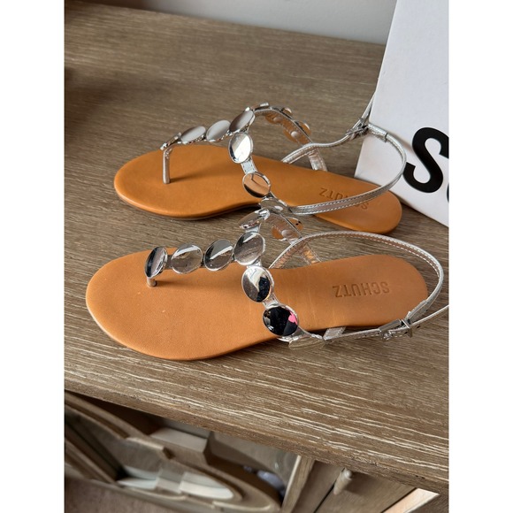 Schutz Acacia T Strap Flat Sandals Womens Metallic Silver 6.5B S0143003660002U - Picture 3 of 5